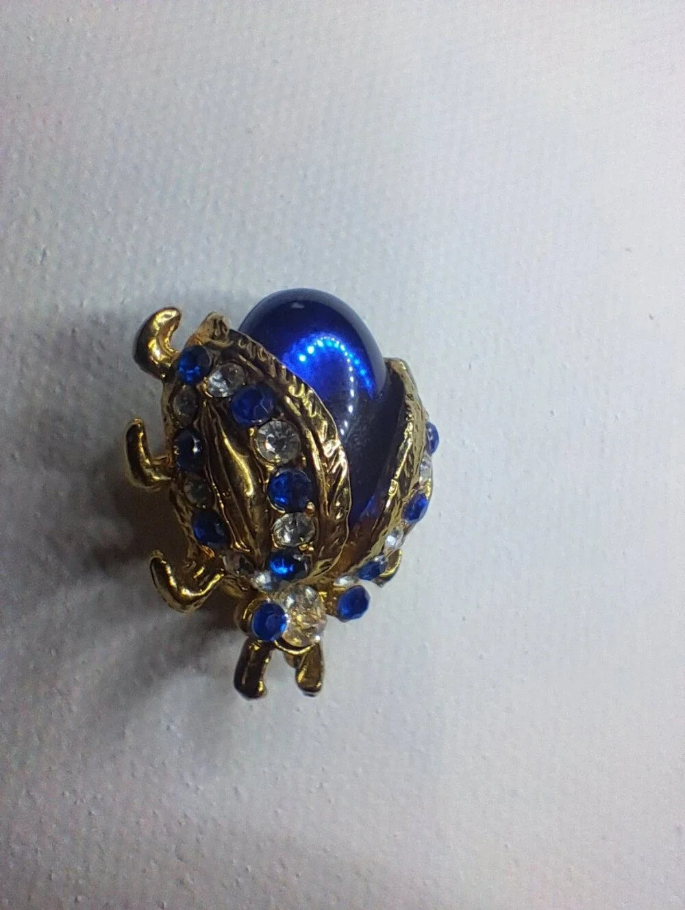 Vintage Royal Blue Jelly Belly Ladybug Brooch Gold Tone Rhinestone Pin